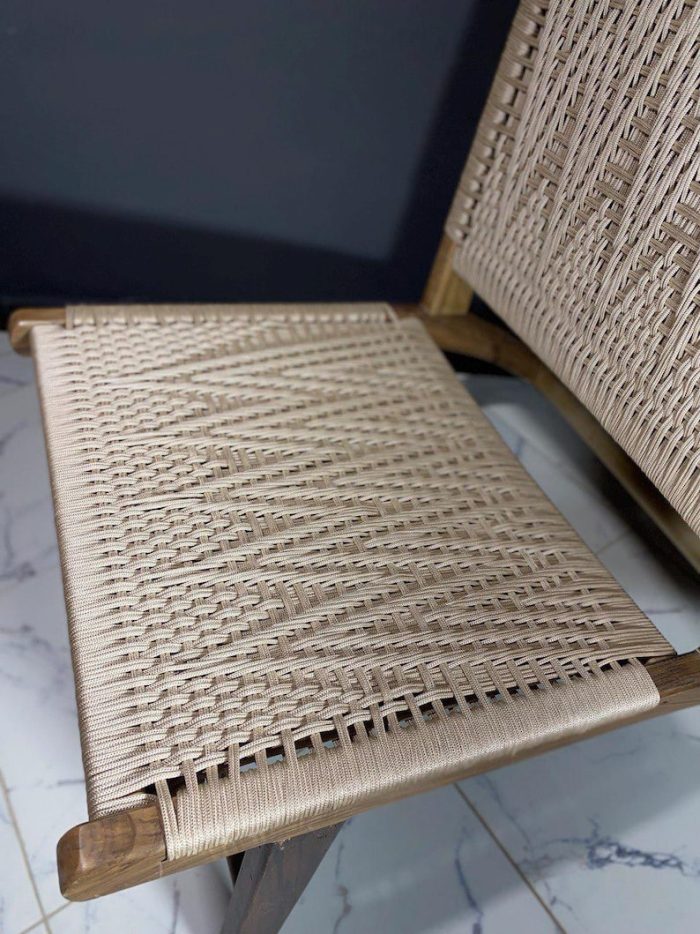 Marokkanischer Nussbaum-Sessel & Fußhocker-Set mit Kordel – handgeflochten – Bild 4