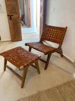 Marokkanischer Nussbaum-Sessel & Fußhocker-Set mit Leder – handgefertigt – Bild 2