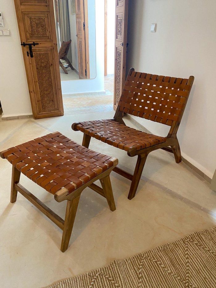 Marokkanischer Nussbaum-Sessel & Fußhocker-Set mit Leder – handgefertigt – Bild 2