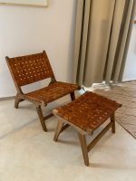 Marokkanischer Nussbaum-Sessel & Fußhocker-Set mit Leder – handgefertigt – Bild 3