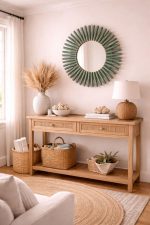 Marokkanischer Holzspiegel – runder handgeflochtener Raffia-Rahmen