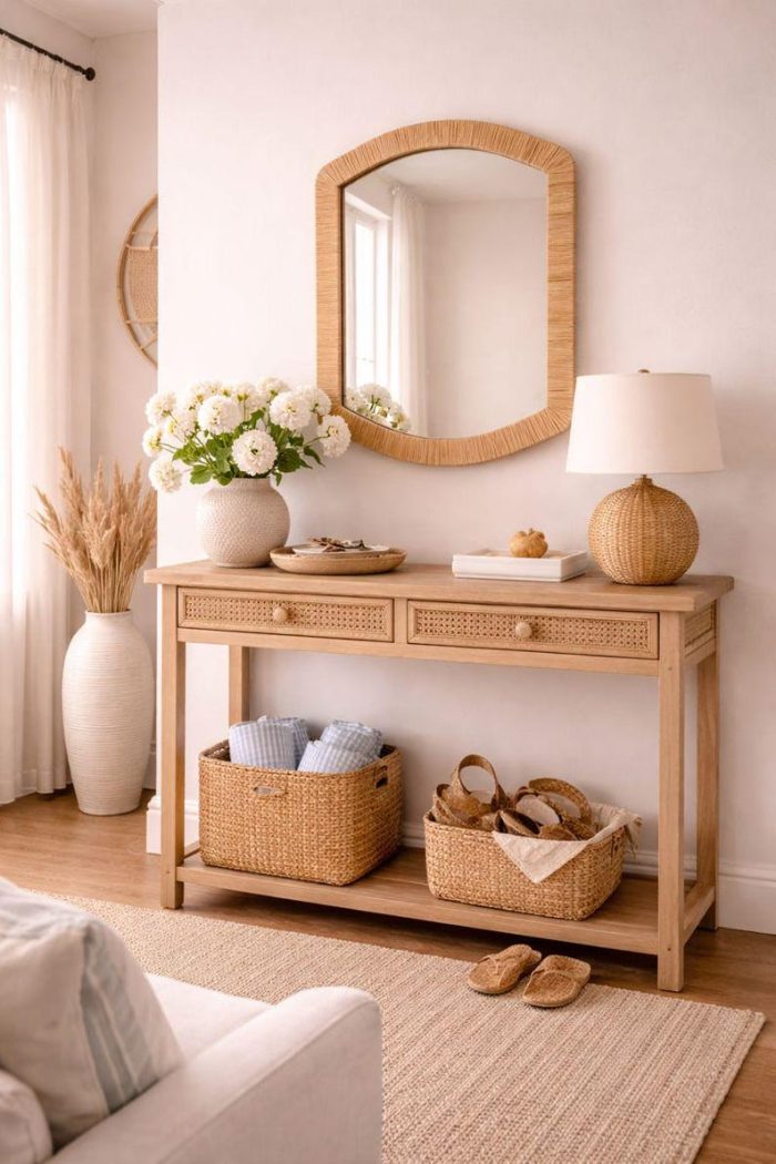 Marokkanischer rechteckiger Raffia-Spiegel – handgeflochtener Wandspiegel – Bild 4