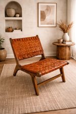 Marokkanischer Nussbaum-Sessel mit braunem Leder – handgefertigter Relax-Lounge-Chair