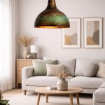 Gehämmerte Messing Pendelleuchte mit Türkis Patina – Dome Lampe für Küche & Esszimmer