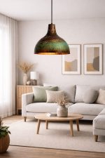 Gehämmerte Messing Pendelleuchte mit Türkis Patina – Dome Lampe für Küche & Esszimmer
