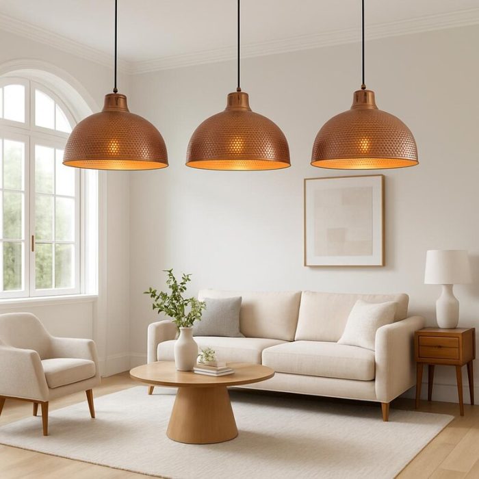 Gehämmerte Messing Pendelleuchte mit Braun Patina – Dome Lampe im Vintage Look – Bild 3