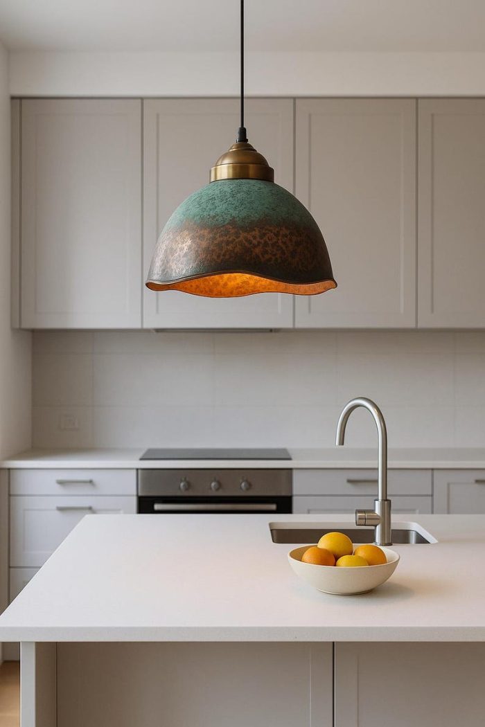 Gehämmerte Messing Pendelleuchte mit Braun Patina – Dome Lampe im Vintage Stil – Bild 2