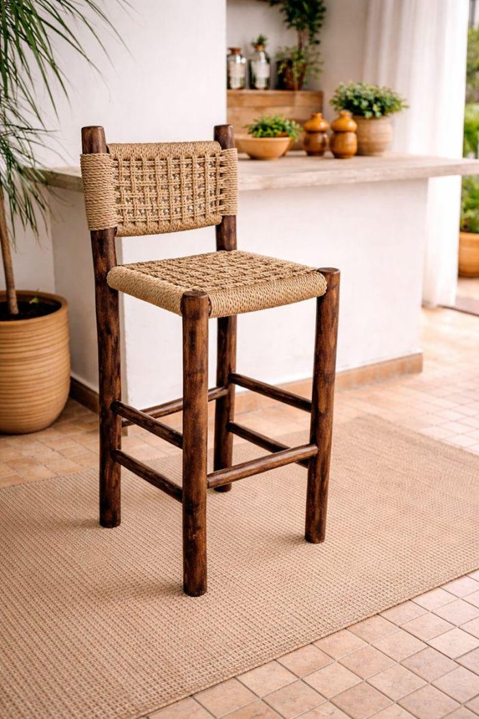 Marokkanischer handgeflochtener Barhocker mit Palmblatt-Seil – handgefertigt – Bild 2