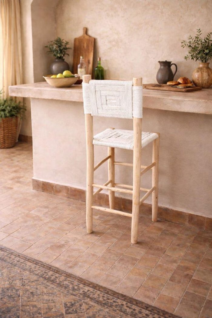 Set marokkanischer Boho-Barhocker mit weißer Seilflechtung – handgefertigt – Bild 3