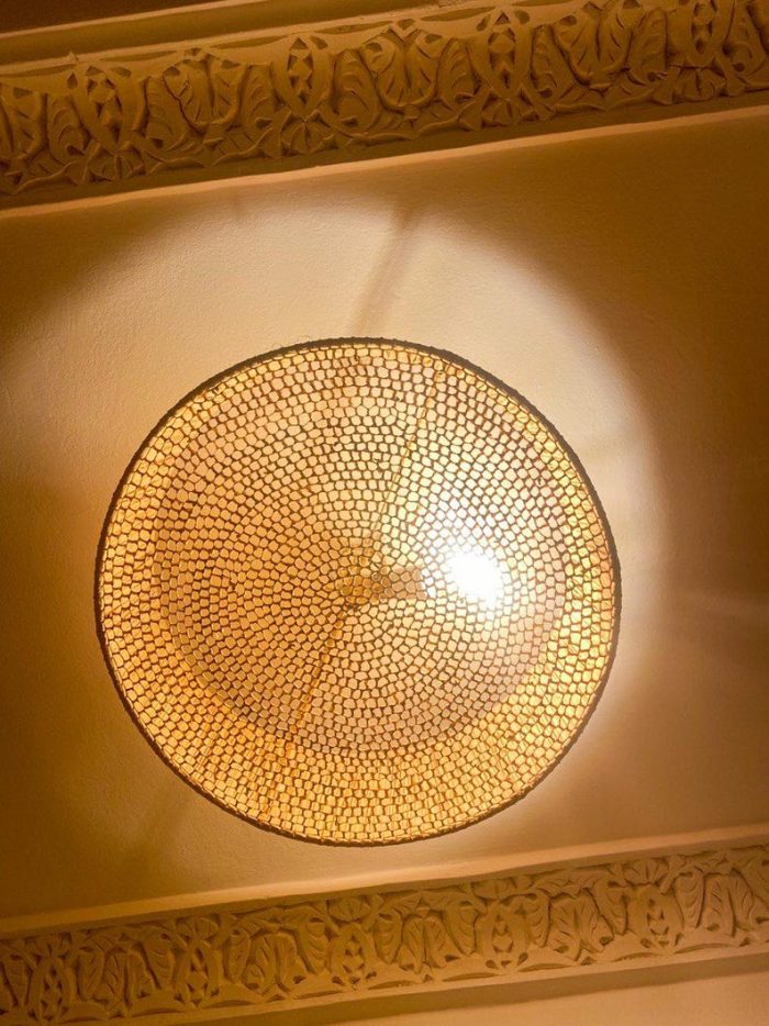 Moroccan raffia flush mount ceiling light with woven round drum shade