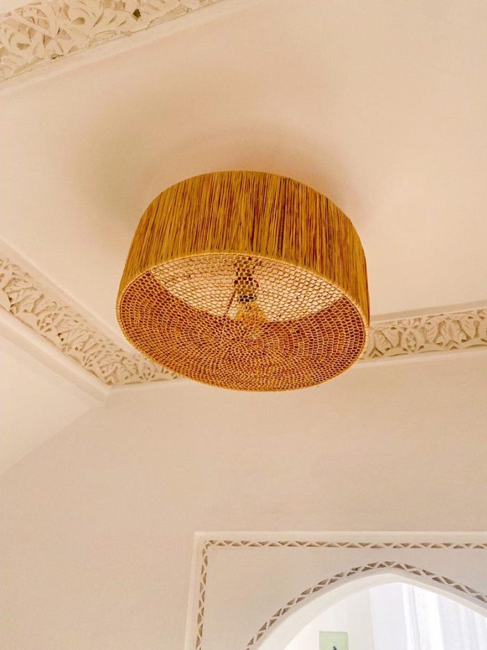 Moroccan raffia flush mount ceiling light with woven round drum shade