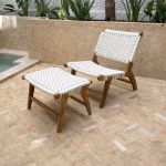 Marokkanischer Nussbaum-Sessel & Hocker-Set mit weißer Kordel – Boho Lounge-Set