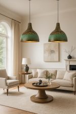 Gehämmerte Messing Pendelleuchte mit Türkis Patina – Dome Lampe für Küche & Esszimmer – Bild 2
