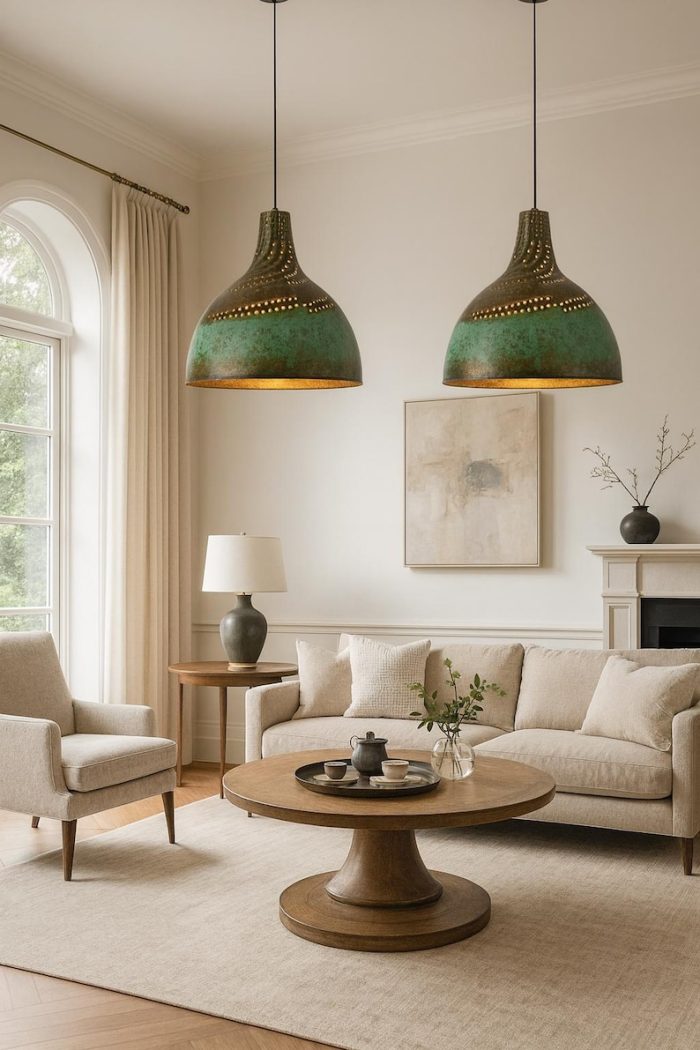 Gehämmerte Messing Pendelleuchte mit Türkis Patina – Dome Lampe für Küche & Esszimmer – Bild 2