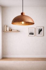Gehämmerte Messing Pendelleuchte mit Braun Patina – Dome Lampe im Vintage Look