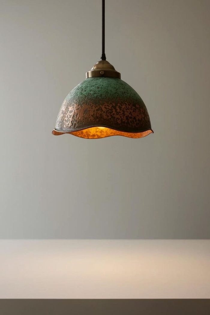 Gehämmerte Messing Pendelleuchte mit Braun Patina – Dome Lampe im Vintage Stil – Bild 4