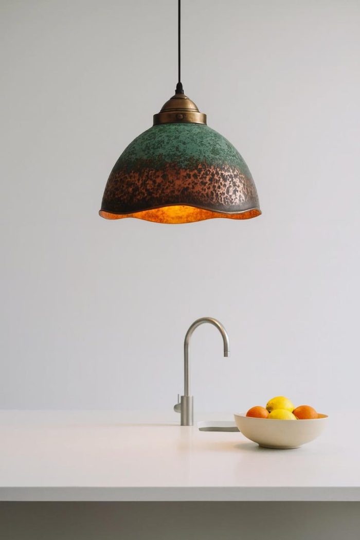 Gehämmerte Messing Pendelleuchte mit Braun Patina – Dome Lampe im Vintage Stil – Bild 3