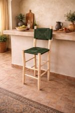Marokkanischer Boho-Barhocker mit grünem Seil – handgefertigter Holz-Hocker