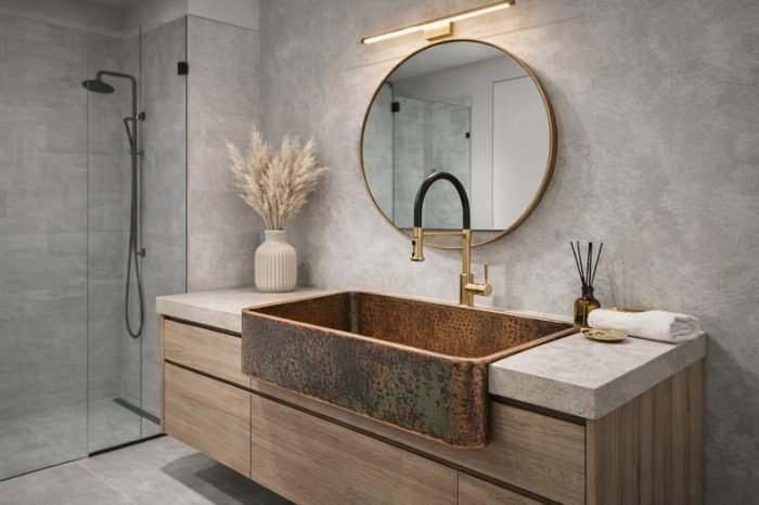 Antiker Kupfer Aufsatzwaschtisch mit Frontschürze – Rustikales Farmhouse Waschbecken – Bild 4