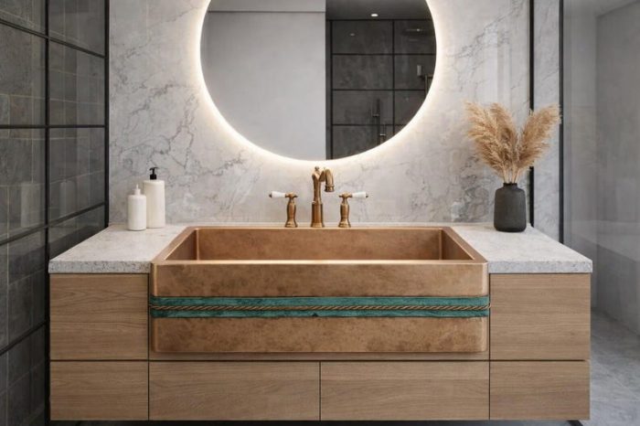 Rustikales Kupferwaschbecken mit Frontschürze – Gehämmerte Schale mit Blauem Band – Bild 2