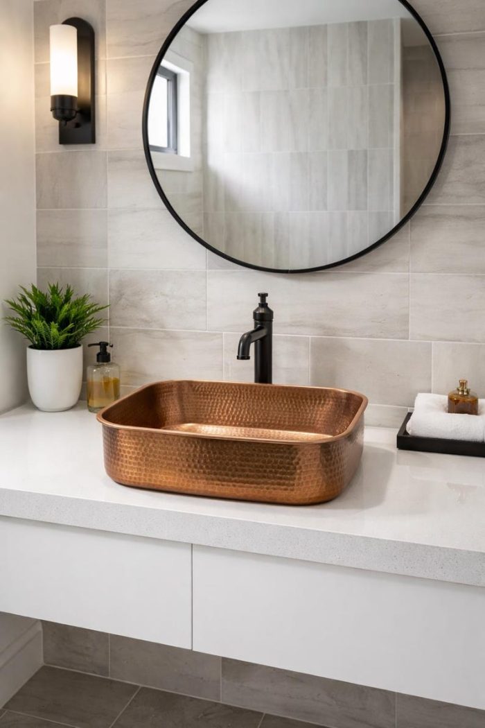 Handgefertigtes Gehämmerte Kupfer Rechteck-Aufsatzbecken – Rustikales Waschbecken – Bild 2