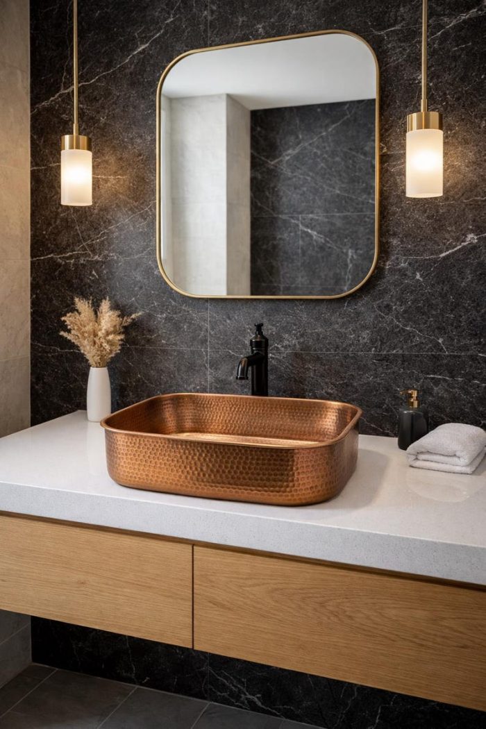 Handgefertigtes Gehämmerte Kupfer Rechteck-Aufsatzbecken – Rustikales Waschbecken – Bild 4