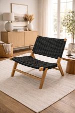 Marokkanischer Nussbaum-Sessel mit schwarzer Kordel – handgeflochtener Relax-Chair