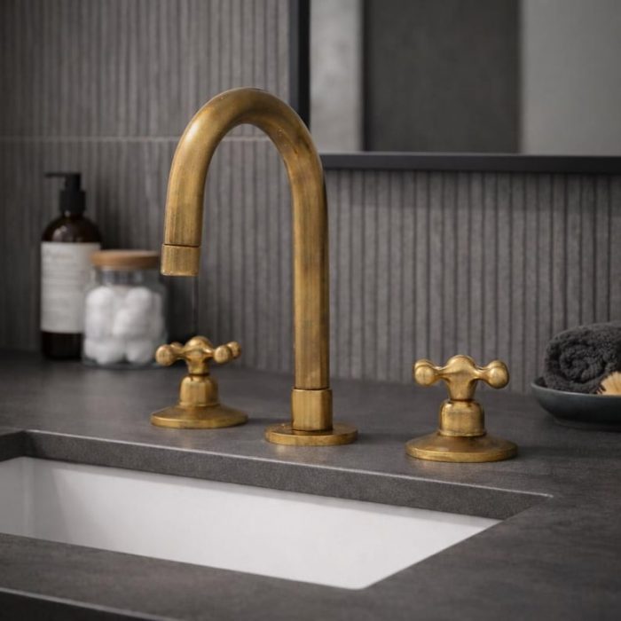 Antikes Messing 3-Loch Waschtischarmatur – Widespread Wasserhahn mit Kreuzgriffen – Bild 4
