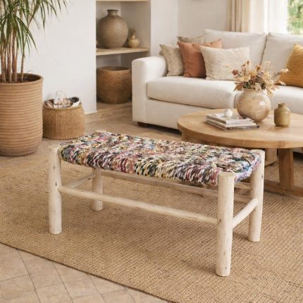 Marokkanische Bank mit Boucherouite-Seil – handgefertigte bunte Boho-Bank