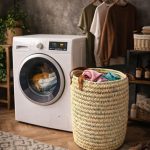 Runder geflochtener Wäschekorb mit Ledergriffen – natürliche Aufbewahrung