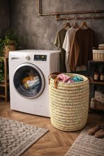 Runder geflochtener Wäschekorb mit Ledergriffen – natürliche Aufbewahrung