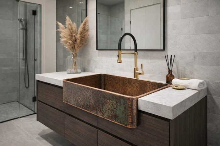 Antiker Kupfer Aufsatzwaschtisch mit Frontschürze – Rustikales Farmhouse Waschbecken – Bild 2