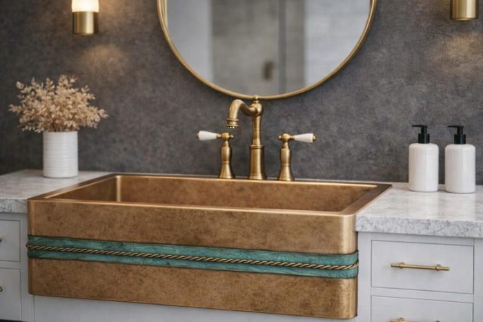 Rustikales Kupferwaschbecken mit Frontschürze – Gehämmerte Schale mit Blauem Band – Bild 4