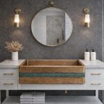 Rustikales Kupferwaschbecken mit Frontschürze – Gehämmerte Schale mit Blauem Band