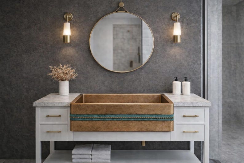 il_794xN.7624758153_hanu Rustikales Kupferwaschbecken mit Frontschürze – Gehämmerte Schale mit Blauem Band – Bild 1