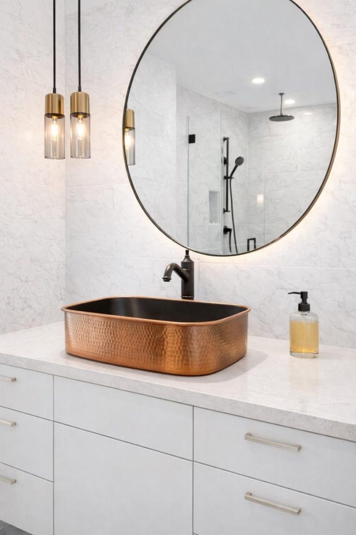 Rechteckiges Gehämmerte Kupfer Aufsatzwaschbecken – Modernes Countertop-Becken – Bild 2