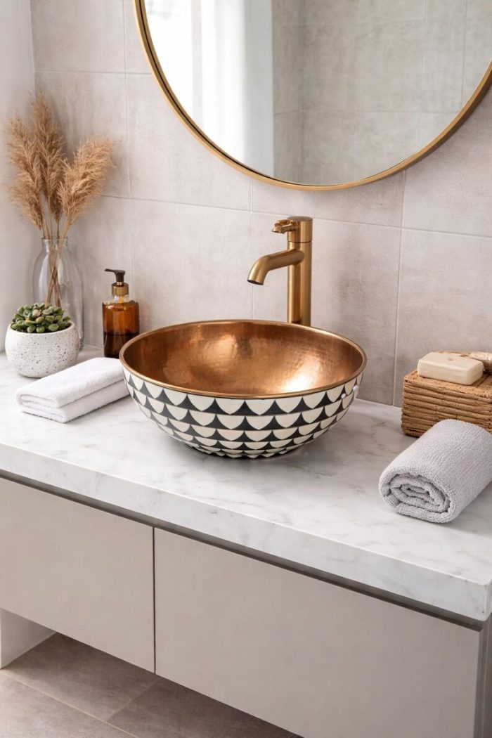 Keramik & Kupfer Aufsatzwaschbecken – Schwarz-Weiss Muster Waschschale – Bild 2