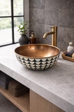 Keramik & Kupfer Aufsatzwaschbecken – Schwarz-Weiss Muster Waschschale – Bild 4