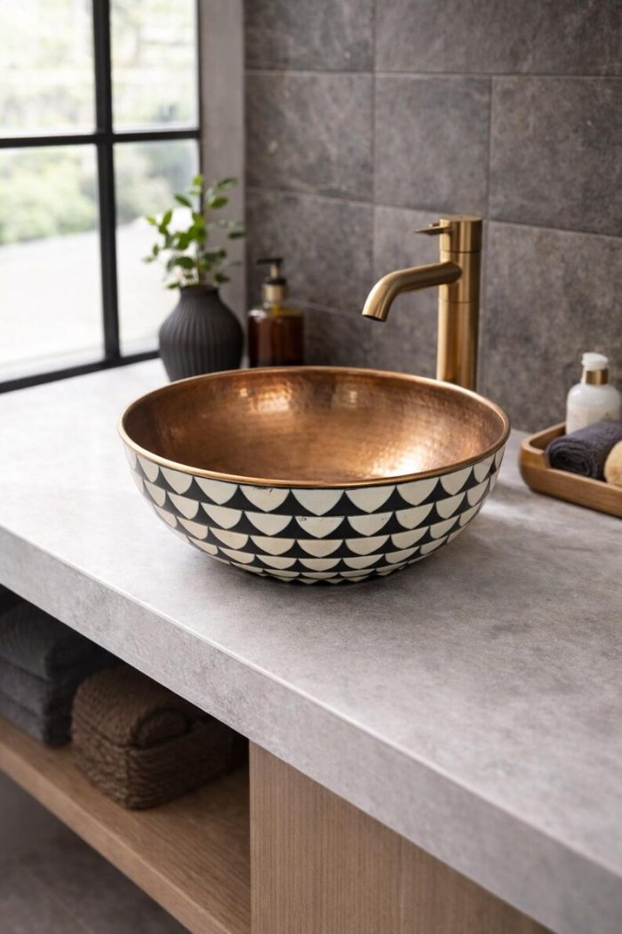 Keramik & Kupfer Aufsatzwaschbecken – Schwarz-Weiss Muster Waschschale – Bild 4