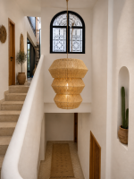Tiered raffia pendant light with three geometric handwoven sections