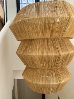 Tiered raffia pendant light with three geometric handwoven sections