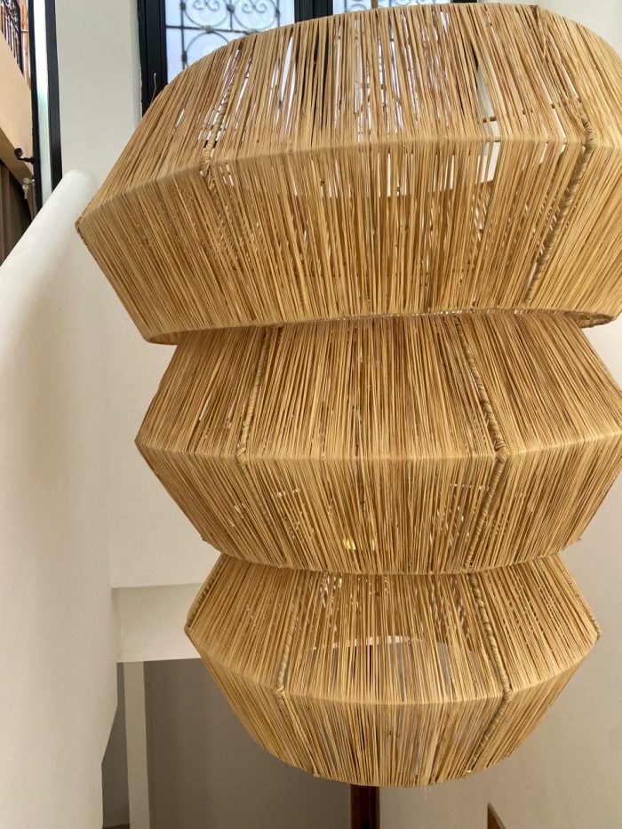 Tiered raffia pendant light with three geometric handwoven sections