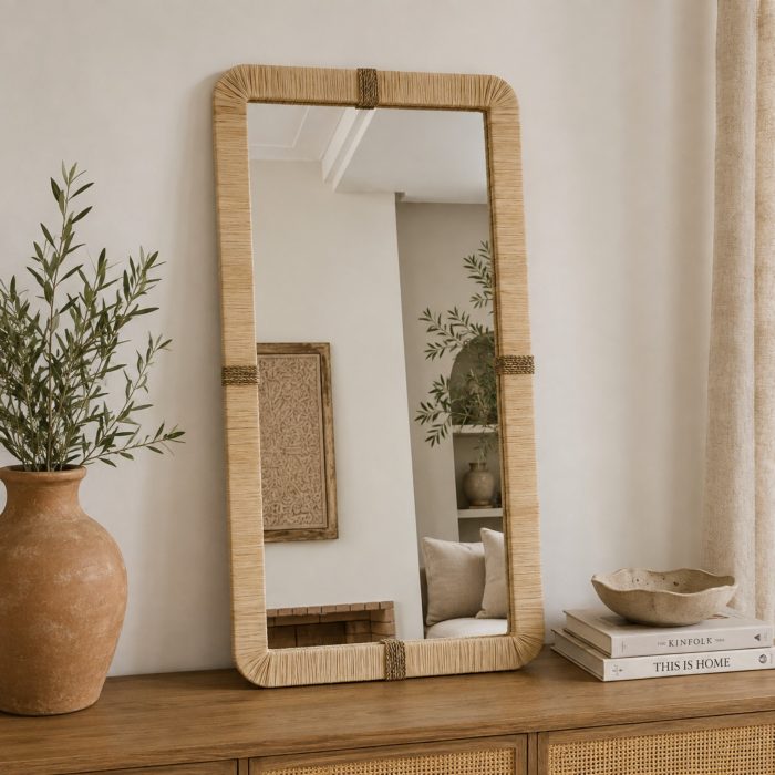Rectangular Raffia Mirror handcrafted with a natural woven raffia frame for boho wall décor
