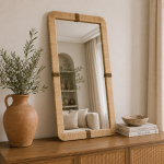 Rectangular Raffia Mirror handcrafted with a natural woven raffia frame for boho wall décor