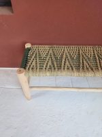 Green Cord & Palm Leaf Bench handcrafted from solid eucalyptus wood with handwoven green cord and natural palm leaf weaving