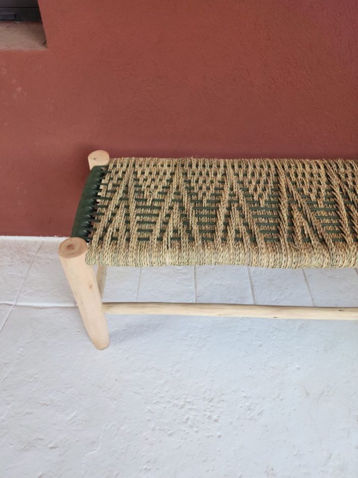 Green Cord & Palm Leaf Bench handcrafted from solid eucalyptus wood with handwoven green cord and natural palm leaf weaving