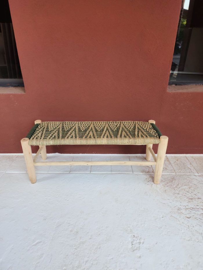 Green Cord & Palm Leaf Bench handcrafted from solid eucalyptus wood with handwoven green cord and natural palm leaf weaving
