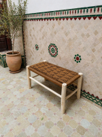 Caramel Brown Cord Bench handcrafted from solid eucalyptus wood with a handwoven caramel brown cord seat