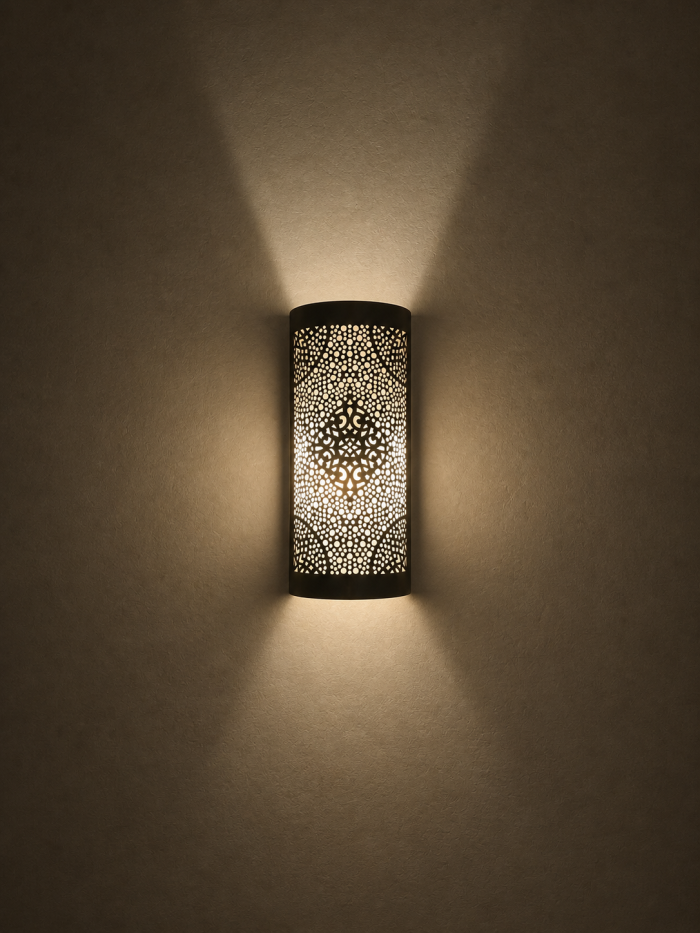 Handmade diamond medallion brass wall sconce with intricate perforated pattern and warm decorative up-and-down lighting.