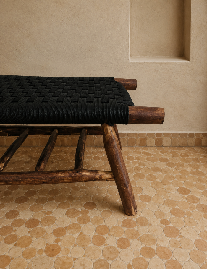 Black cord bench with storage handcrafted from solid eucalyptus wood